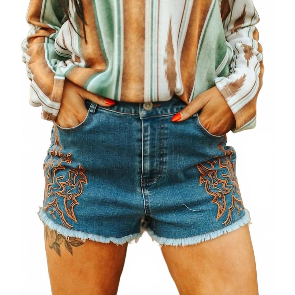 NEW LUCKY & BLESSED desert stitched high-rise cutoffs shorts in blue